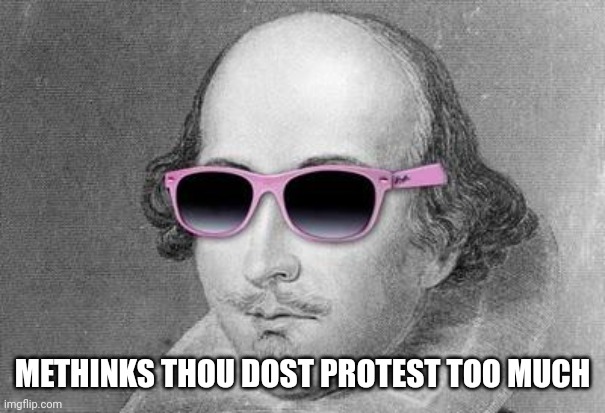 Shakespeare | METHINKS THOU DOST PROTEST TOO MUCH | image tagged in shakespeare | made w/ Imgflip meme maker