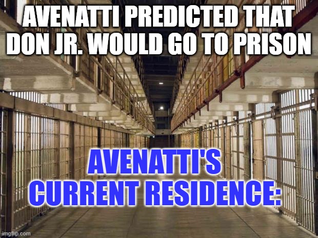 Avenatti the Jailbird |  AVENATTI PREDICTED THAT DON JR. WOULD GO TO PRISON; AVENATTI'S CURRENT RESIDENCE: | image tagged in prison,michael avenatti | made w/ Imgflip meme maker