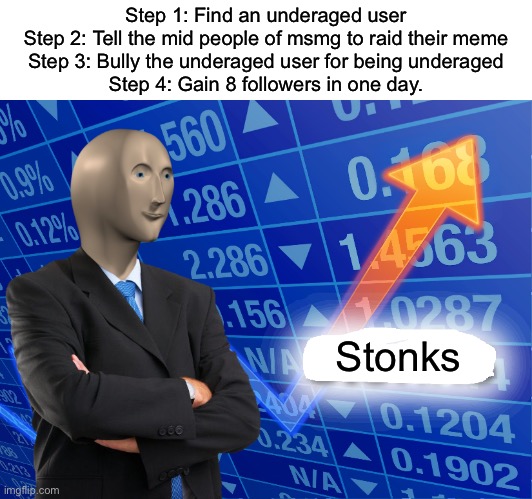 I did, in fact, gain 8 followers today. New personal record! | Step 1: Find an underaged user
Step 2: Tell the mid people of msmg to raid their meme
Step 3: Bully the underaged user for being underaged
Step 4: Gain 8 followers in one day. Stonks | image tagged in empty stonks | made w/ Imgflip meme maker