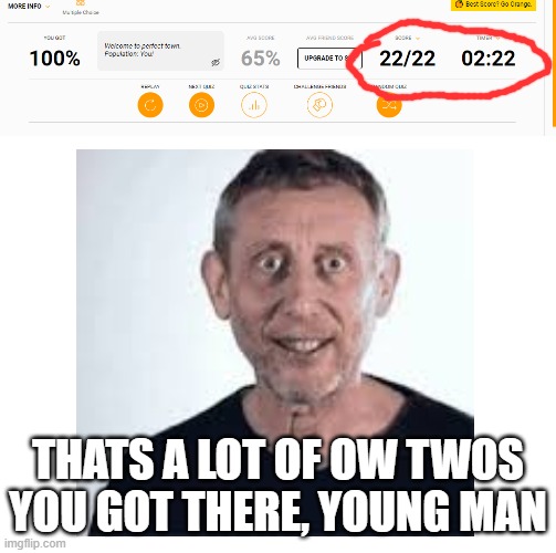Me when I played a quiz. The score and the time: | THATS A LOT OF OW TWOS YOU GOT THERE, YOUNG MAN | image tagged in quiz,nice guy | made w/ Imgflip meme maker
