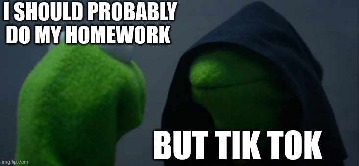 Anyone else? |  I SHOULD PROBABLY DO MY HOMEWORK; BUT TIK TOK | image tagged in memes,evil kermit | made w/ Imgflip meme maker
