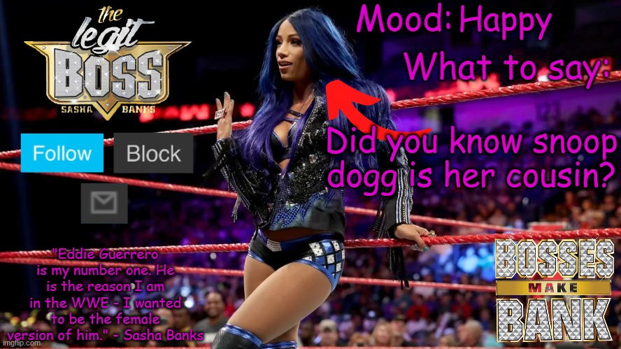 Sasha Banks V1 | Happy; Did you know snoop dogg is her cousin? | image tagged in sasha banks v1 | made w/ Imgflip meme maker