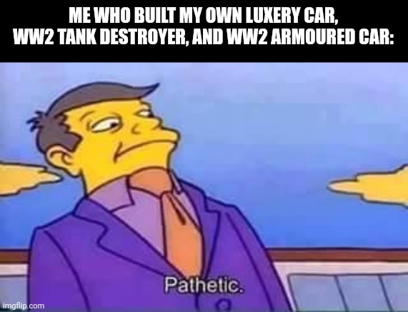 skinner pathetic | ME WHO BUILT MY OWN LUXERY CAR, WW2 TANK DESTROYER, AND WW2 ARMOURED CAR: | image tagged in skinner pathetic | made w/ Imgflip meme maker