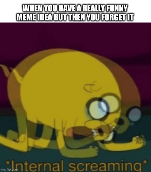 This always happens to me... | WHEN YOU HAVE A REALLY FUNNY MEME IDEA BUT THEN YOU FORGET IT | image tagged in jake the dog internal screaming,memes,funny memes,fun | made w/ Imgflip meme maker