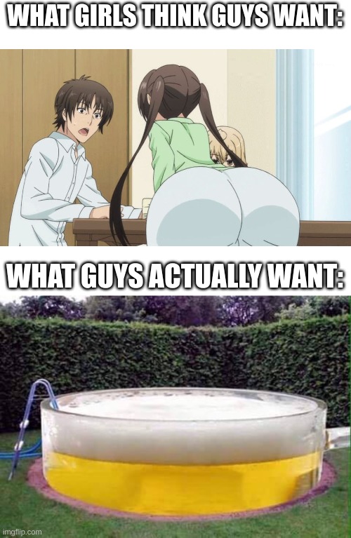 WHAT GIRLS THINK GUYS WANT:; WHAT GUYS ACTUALLY WANT: | image tagged in dat ass anime,beer pool | made w/ Imgflip meme maker