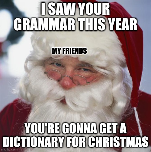 this is 100% true | I SAW YOUR GRAMMAR THIS YEAR; MY FRIENDS; YOU'RE GONNA GET A DICTIONARY FOR CHRISTMAS | image tagged in santa claus | made w/ Imgflip meme maker