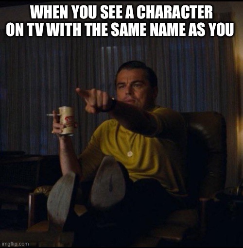Leonardo DiCaprio Pointing | WHEN YOU SEE A CHARACTER ON TV WITH THE SAME NAME AS YOU | image tagged in leonardo dicaprio pointing | made w/ Imgflip meme maker