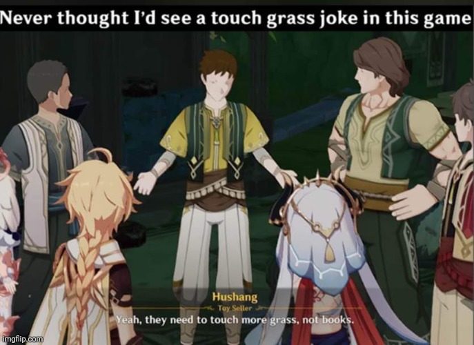 Touch grass folks! | image tagged in memes,genshin impact,funny | made w/ Imgflip meme maker