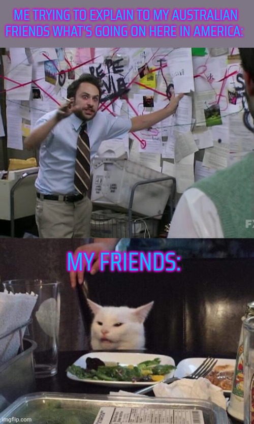 Hehehehehehehehehehehehe |  ME TRYING TO EXPLAIN TO MY AUSTRALIAN FRIENDS WHAT'S GOING ON HERE IN AMERICA:; MY FRIENDS: | image tagged in charlie conspiracy always sunny in philidelphia,salad cat | made w/ Imgflip meme maker