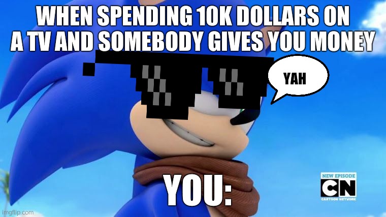 Sonic Meme | WHEN SPENDING 10K DOLLARS ON A TV AND SOMEBODY GIVES YOU MONEY; YAH; YOU: | image tagged in sonic meme | made w/ Imgflip meme maker