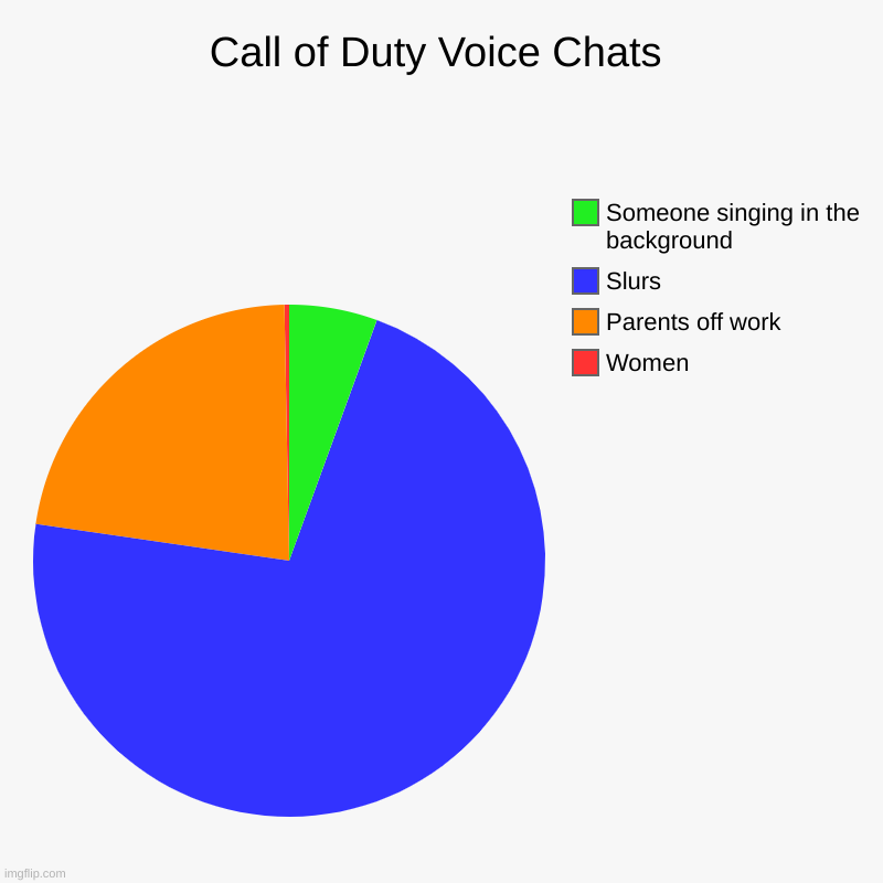 CoD VCs | Call of Duty Voice Chats | Women, Parents off work, Slurs, Someone singing in the background | image tagged in charts,pie charts | made w/ Imgflip chart maker