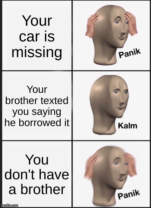 Car | Your car is missing; Your brother texted you saying he borrowed it; You don't have a brother | image tagged in memes,panik kalm panik | made w/ Imgflip meme maker
