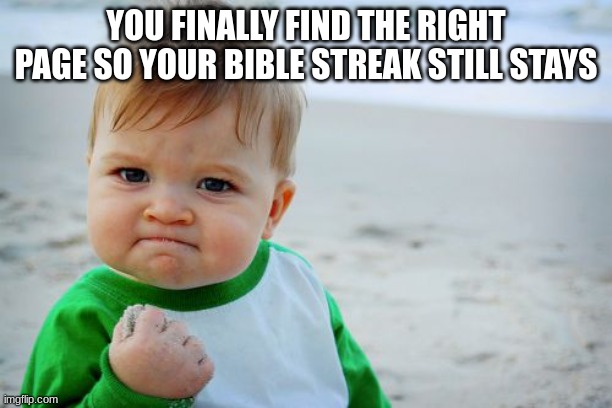 Success Kid Original | YOU FINALLY FIND THE RIGHT PAGE SO YOUR BIBLE STREAK STILL STAYS | image tagged in memes,success kid original | made w/ Imgflip meme maker