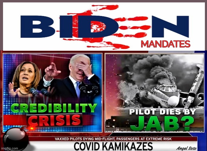 Biden credibility crisis, pilots dying by jab | MANDATES; Angel Soto | image tagged in political meme,joe biden,covid vaccine,crisis,pilot,kamikaze | made w/ Imgflip meme maker