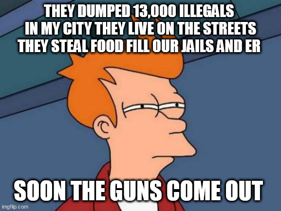 Futurama Fry Meme | THEY DUMPED 13,000 ILLEGALS 
IN MY CITY THEY LIVE ON THE STREETS THEY STEAL FOOD FILL OUR JAILS AND ER; SOON THE GUNS COME OUT | image tagged in memes,futurama fry | made w/ Imgflip meme maker