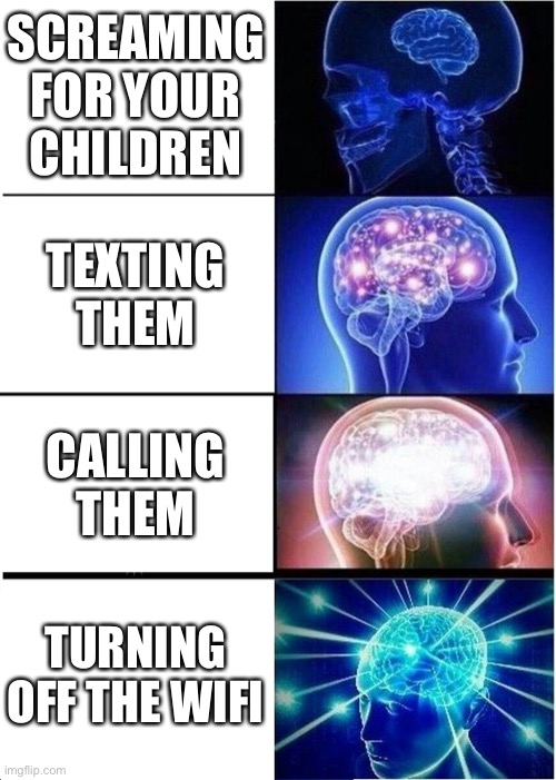 The ways to find your child | SCREAMING FOR YOUR CHILDREN; TEXTING THEM; CALLING THEM; TURNING OFF THE WI-FI | image tagged in memes,expanding brain | made w/ Imgflip meme maker