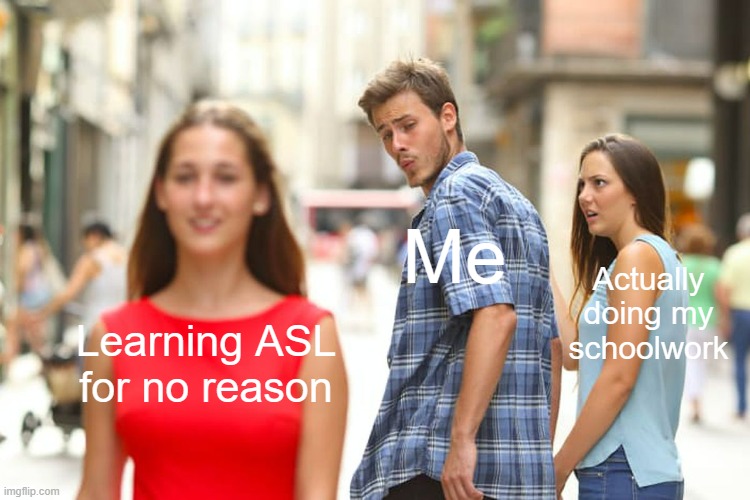 Distracted Boyfriend Meme | Me; Actually doing my schoolwork; Learning ASL for no reason | image tagged in memes,distracted boyfriend | made w/ Imgflip meme maker