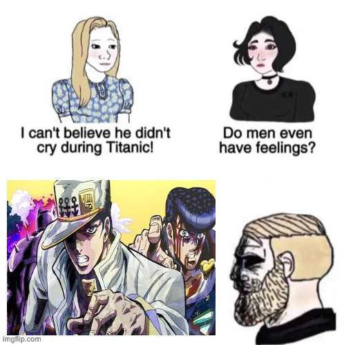 Chad crying | image tagged in chad crying,anime,jojo's bizarre adventure,funny,fun,memes | made w/ Imgflip meme maker