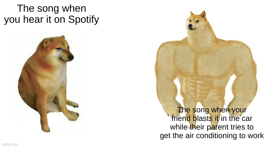 Swole Doge vs. Cheems flipped | The song when you hear it on Spotify; The song when your friend blasts it in the car while their parent tries to get the air conditioning to work | image tagged in swole doge vs cheems flipped | made w/ Imgflip meme maker