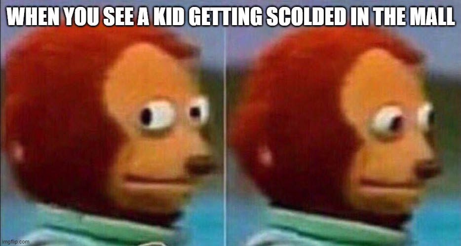 Monkey looking away | WHEN YOU SEE A KID GETTING SCOLDED IN THE MALL | image tagged in monkey looking away | made w/ Imgflip meme maker