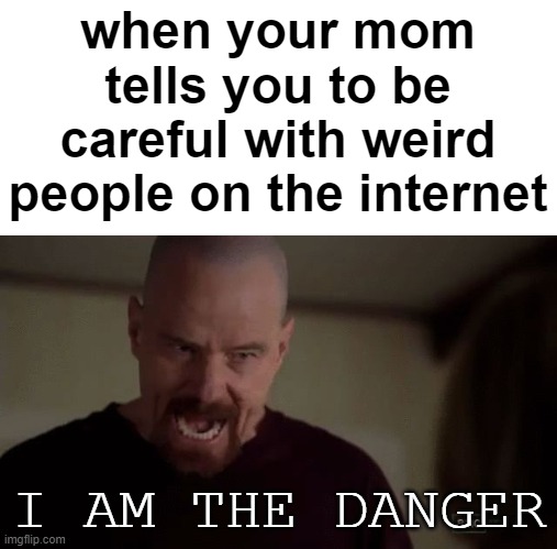 /j | when your mom tells you to be careful with weird people on the internet; I AM THE DANGER | image tagged in i am the danger,/j | made w/ Imgflip meme maker
