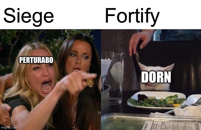 Woman Yelling At Cat Meme | Siege; Fortify; PERTURABO; DORN | image tagged in memes,woman yelling at cat | made w/ Imgflip meme maker