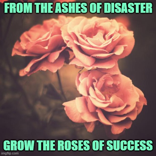 Roses of Success | FROM THE ASHES OF DISASTER; GROW THE ROSES OF SUCCESS | image tagged in beautiful vintage flowers,song lyrics,musicals,uplifting,positive thinking,memes | made w/ Imgflip meme maker