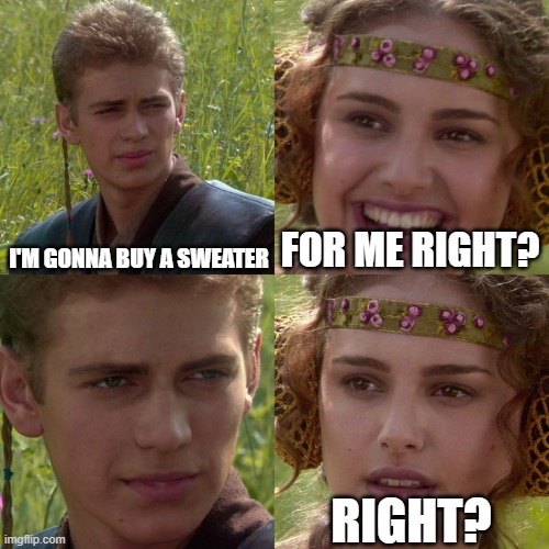 Anakin Padme 4 Panel | I'M GONNA BUY A SWEATER; FOR ME RIGHT? RIGHT? | image tagged in anakin padme 4 panel | made w/ Imgflip meme maker