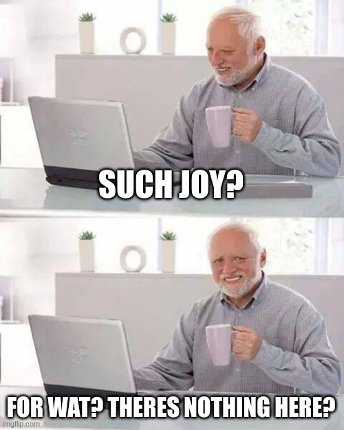 Hide the Pain Harold Meme | SUCH JOY? FOR WAT? THERES NOTHING HERE? | image tagged in memes,hide the pain harold | made w/ Imgflip meme maker