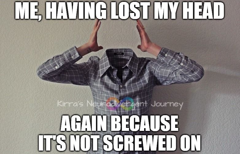 Me, having lost my head again because it's not screwed on |  ME, HAVING LOST MY HEAD; AGAIN BECAUSE
IT'S NOT SCREWED ON | image tagged in head,lost,losing,misplaced,adhd,forgetful | made w/ Imgflip meme maker