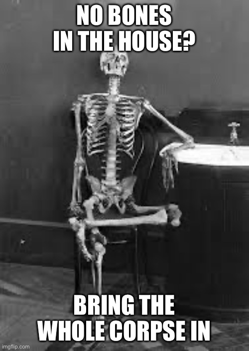 bones | NO BONES IN THE HOUSE? BRING THE WHOLE CORPSE IN | image tagged in bones | made w/ Imgflip meme maker