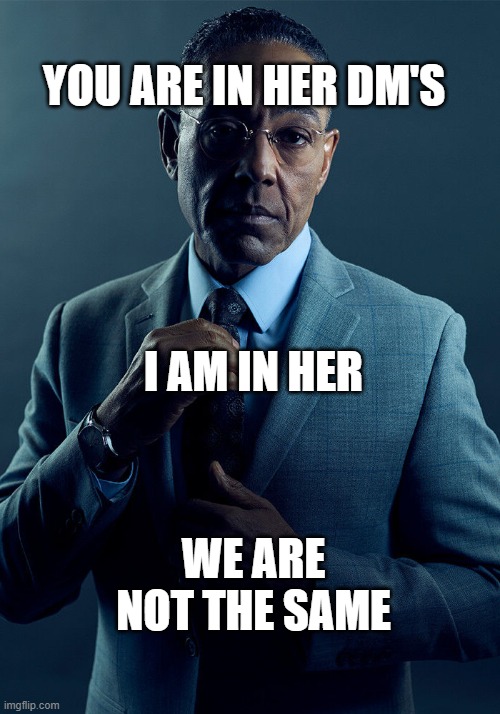 Gus Fring we are not the same | YOU ARE IN HER DM'S; I AM IN HER; WE ARE NOT THE SAME | image tagged in gus fring we are not the same,funny | made w/ Imgflip meme maker