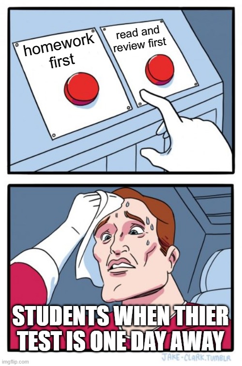 Anything you choose will cause stress | read and review first; homework first; STUDENTS WHEN THIER TEST IS ONE DAY AWAY | image tagged in memes,two buttons | made w/ Imgflip meme maker