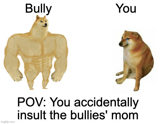 POV: You accidentally insult the bullies' mom | Bully; You; POV: You accidentally insult the bullies' mom | image tagged in memes,buff doge vs cheems | made w/ Imgflip meme maker