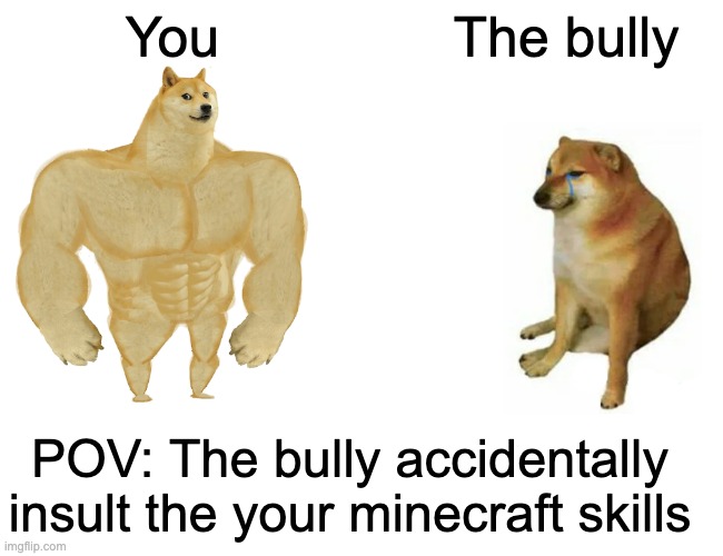 Buff Doge vs. Cheems | You; The bully; POV: The bully accidentally insult the your minecraft skills | image tagged in memes,buff doge vs cheems | made w/ Imgflip meme maker