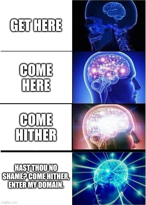 Expanding Brain Meme | GET HERE; COME HERE; COME HITHER; HAST THOU NO SHAME? COME HITHER, ENTER MY DOMAIN. | image tagged in memes,expanding brain | made w/ Imgflip meme maker
