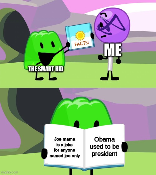 The Fact I've been through this before |  ME; THE SMART KID; Obama used to be president; Joe mama is a joke for anyone named joe only | image tagged in gelatin's book of facts | made w/ Imgflip meme maker