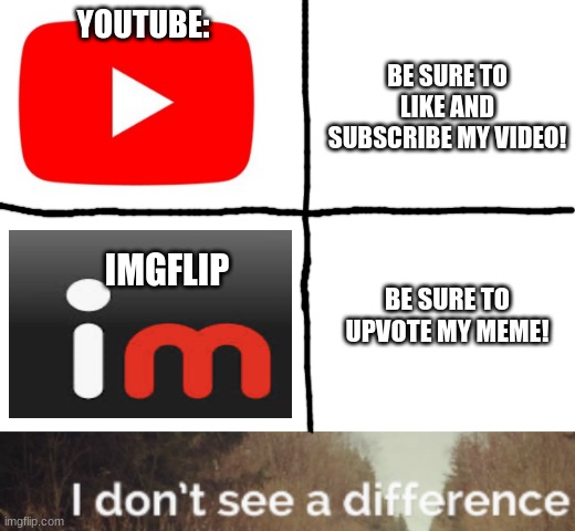 I don't see a difference | YOUTUBE:; BE SURE TO LIKE AND SUBSCRIBE MY VIDEO! IMGFLIP; BE SURE TO UPVOTE MY MEME! | image tagged in blank white template | made w/ Imgflip meme maker