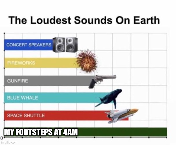 My footsteps at 4am | MY FOOTSTEPS AT 4AM | image tagged in the loudest sounds on earth | made w/ Imgflip meme maker