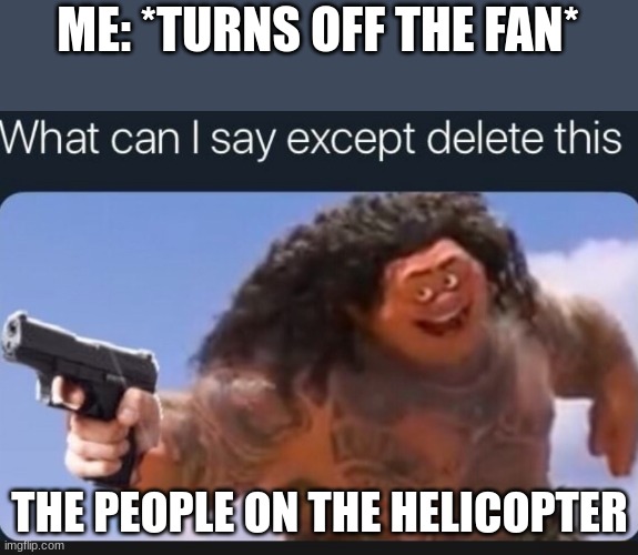 What can I say except delete this | ME: *TURNS OFF THE FAN*; THE PEOPLE ON THE HELICOPTER | image tagged in what can i say except delete this | made w/ Imgflip meme maker