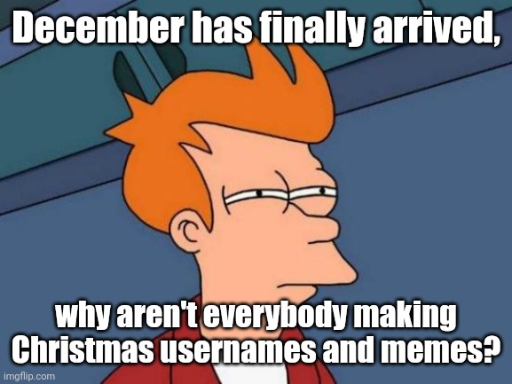 Why aren't you guys making them? | December has finally arrived, why aren't everybody making Christmas usernames and memes? | image tagged in memes,futurama fry,christmas | made w/ Imgflip meme maker