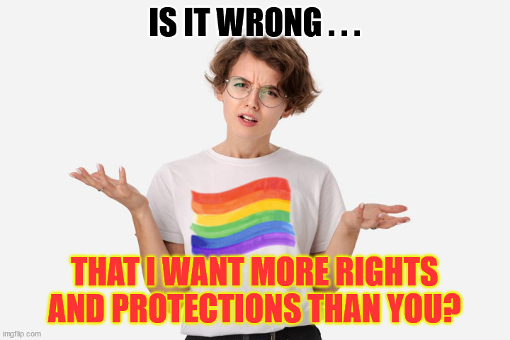 My Flag Has More Colors Than Yours ... So I Deserve More Than You. | IS IT WRONG . . . THAT I WANT MORE RIGHTS AND PROTECTIONS THAN YOU? | image tagged in young lesbian professional,lgbtq,transgender,heterophobic,gender politics,let your freak flag fly | made w/ Imgflip meme maker