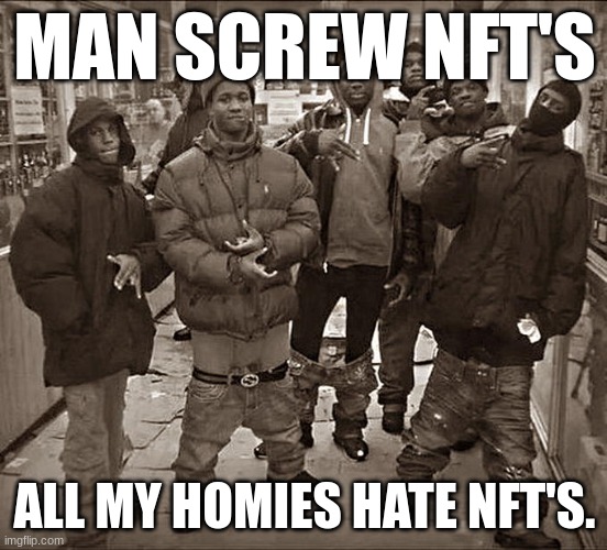 All My Homies Hate |  MAN SCREW NFT'S; ALL MY HOMIES HATE NFT'S. | image tagged in all my homies hate | made w/ Imgflip meme maker