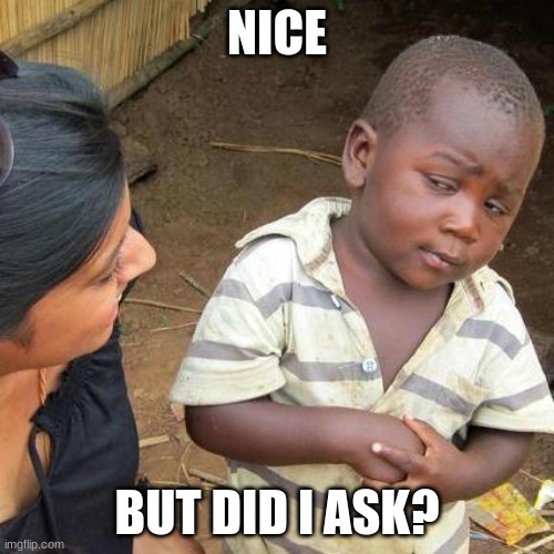 Third World Skeptical Kid | NICE; BUT DID I ASK? | image tagged in memes,third world skeptical kid | made w/ Imgflip meme maker