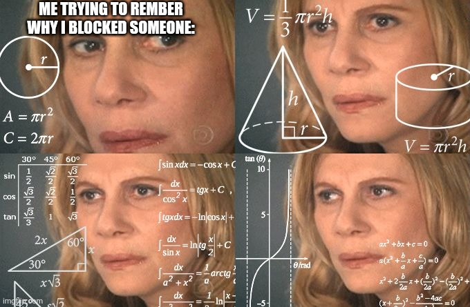Calculating meme | ME TRYING TO REMBER WHY I BLOCKED SOMEONE: | image tagged in calculating meme | made w/ Imgflip meme maker