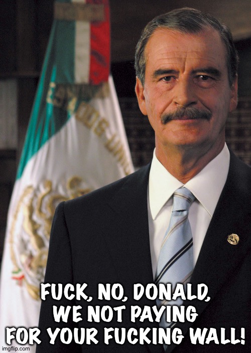 Vicente fox | FUCK, NO, DONALD, WE NOT PAYING FOR YOUR FUCKING WALL! | image tagged in vicente fox | made w/ Imgflip meme maker