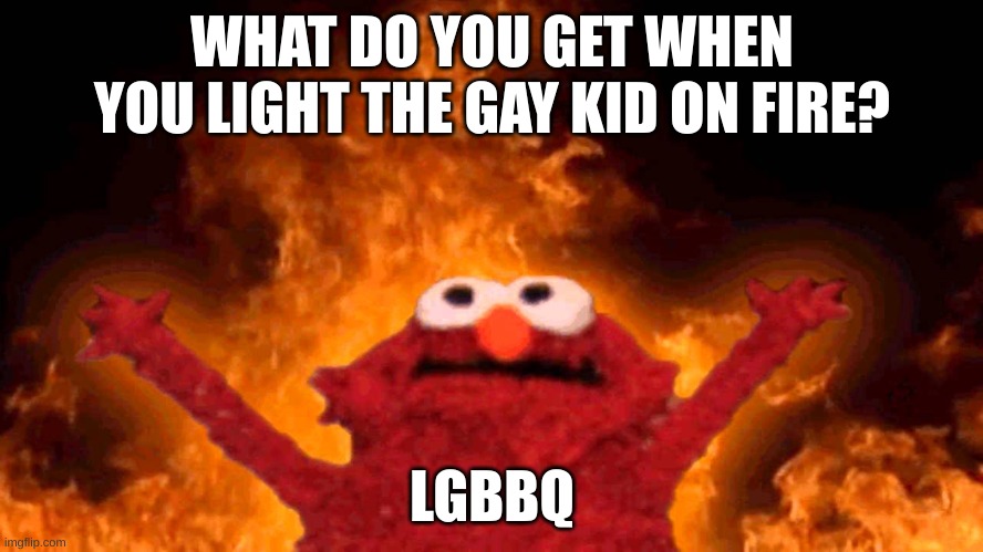 I apologize for the darkness of it all | WHAT DO YOU GET WHEN YOU LIGHT THE GAY KID ON FIRE? LGBBQ | image tagged in elmo fire | made w/ Imgflip meme maker