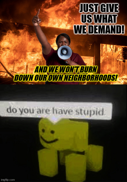 Give Us What We Demand ... And No One Gets To Watch Us Do Something Stupid On The News.. | JUST GIVE US WHAT WE DEMAND! AND WE WON'T BURN DOWN OUR OWN NEIGHBORHOODS! | image tagged in riots,looting,entitlements,reparations,you owe to me,blm | made w/ Imgflip meme maker