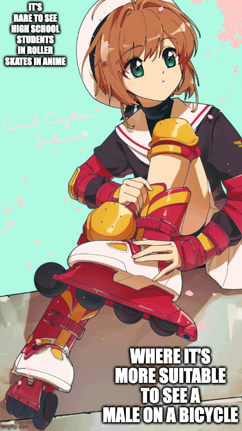 Female High Schooler With Roller Blades | IT'S RARE TO SEE HIGH SCHOOL STUDENTS IN ROLLER SKATES IN ANIME; WHERE IT'S MORE SUITABLE TO SEE A MALE ON A BICYCLE | image tagged in skating,memes | made w/ Imgflip meme maker