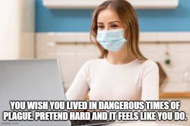 ... | YOU WISH YOU LIVED IN DANGEROUS TIMES OF PLAGUE. PRETEND HARD AND IT FEELS LIKE YOU DO. | image tagged in woman at home wearing mask | made w/ Imgflip meme maker